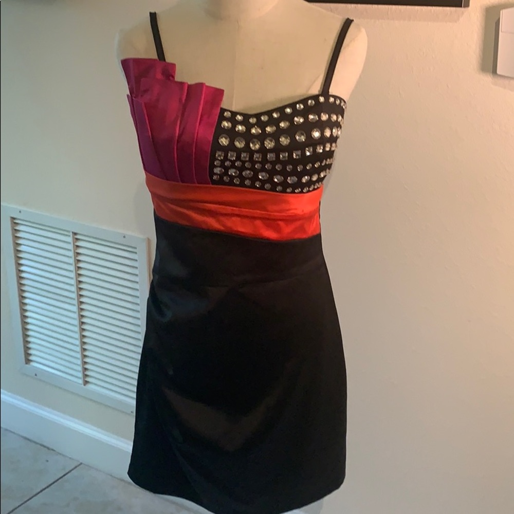 Ipsy Dress - black and red satin with rhinestone details